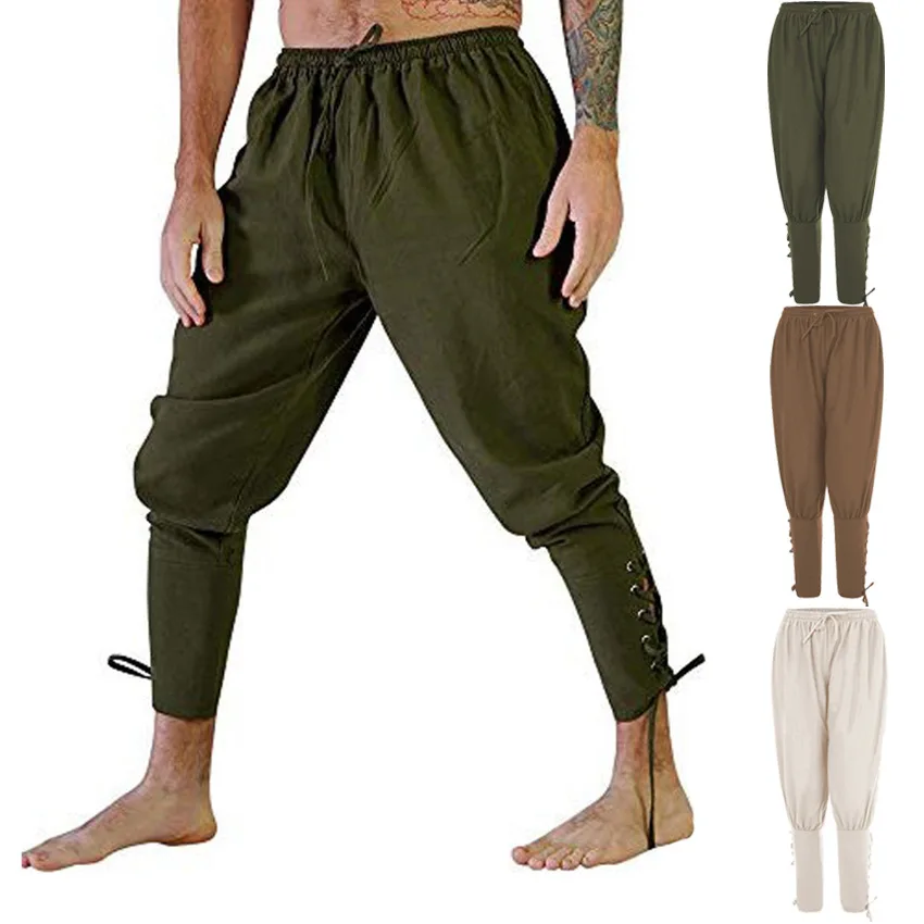 

Casual men's summer men's pant ankle belt trousers medieval stage performance trousers