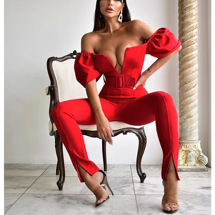 

ADYABY Fashion New Design Lucky Label Red Colors V Neck One Piece Jumpsuit With Long Pants