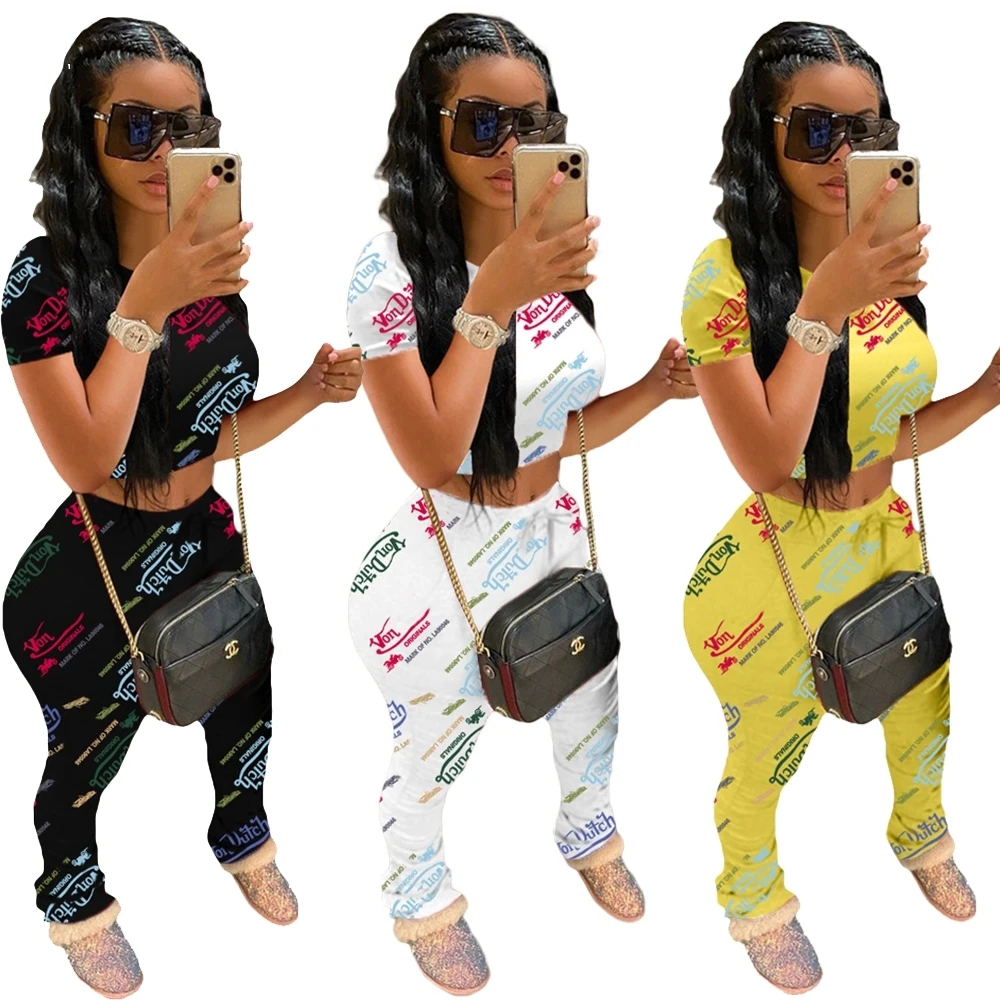 

Summer 2021 Fashionable Von Dutch Outfit Graffiti Womens Clothes Matching Set Crop Top Tie Dye Stacked Joggers Two Piece Set