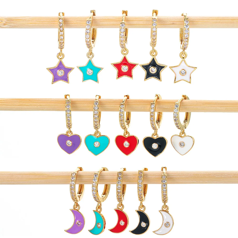 

Chic fashion 18k gold plated brass zircon enamel star moon heart charm pendant hoop earring