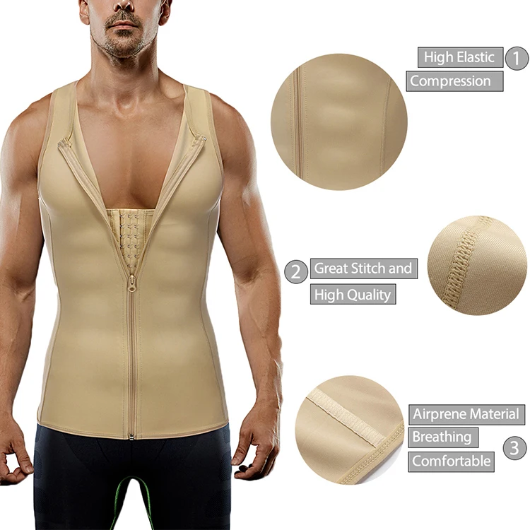 

Drop ship New Healthy Fabric 3 Hooks And Zipper Double Body Shaper Men Waist Trainer Vest, As shown;magic back support