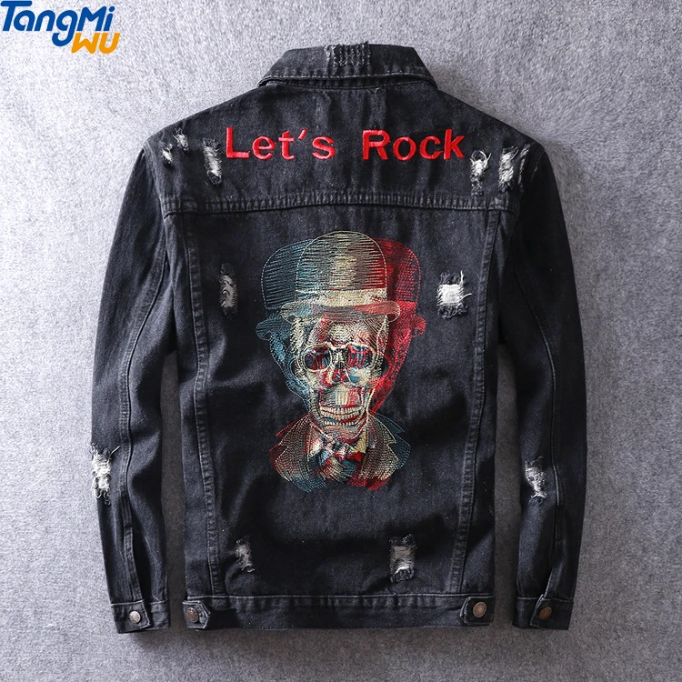 

Wholesale High Quality black Denim jacket skull embroidery printing Distressed Jeans Jacket men