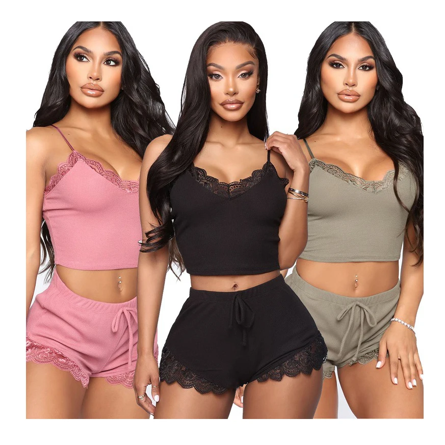 

8033 Women Pajamas Sleepwear sexy Lingerie Sleepwear V-neck Lace Bow Spaghetti Strap Crop Top Shorts Set Pajamas Sets Nightwear, Pink, red, gray, black, blue, skin
