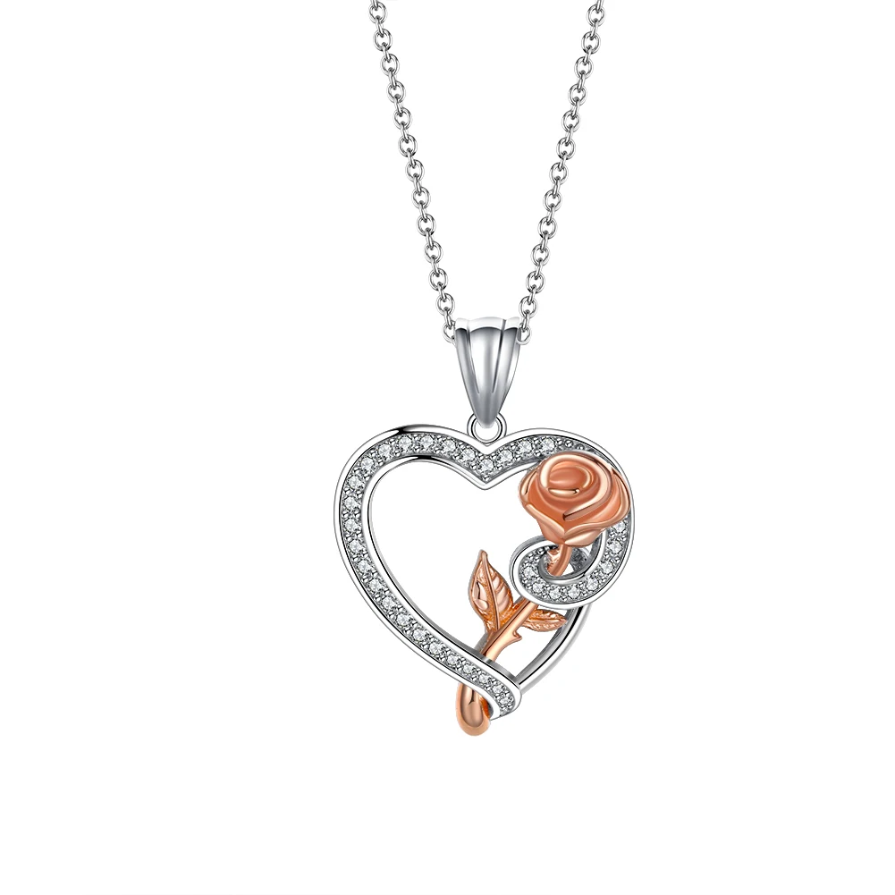 

RINNTIN SN287 Custom Valentine's Day Gift for Women 925 Sterling Silver Rose Heart Pendants Necklaces