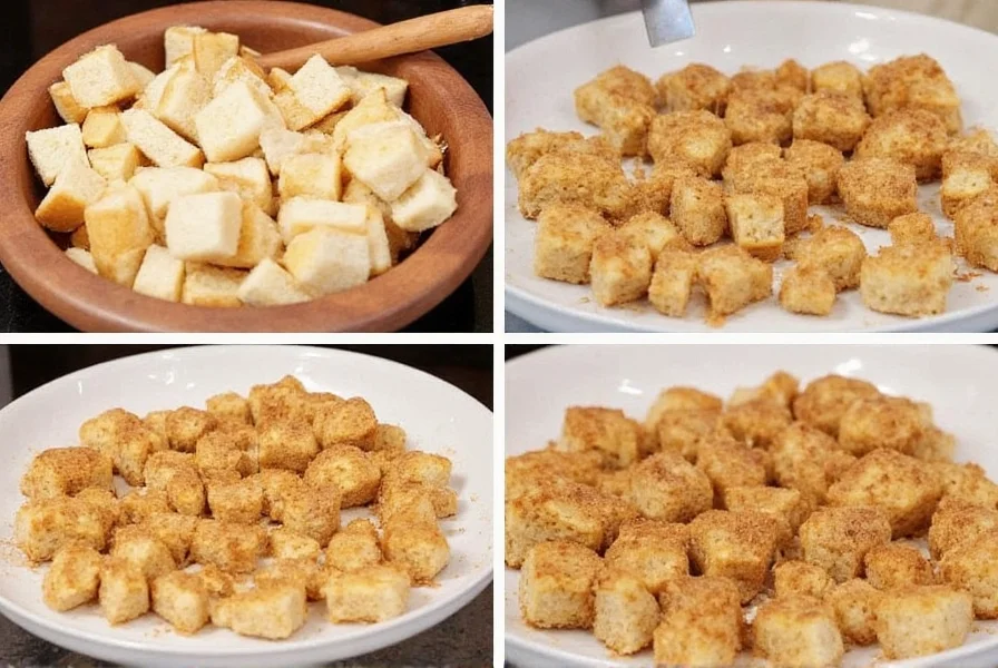 Step-by-step preparation of homemade cinnamon french toast crunch showing bread cubes coated in cinnamon sugar mixture