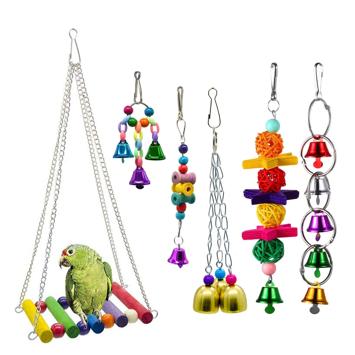 

Wholesale high quality 6pcs Bird Parrot Swing Chewing Toys Hanging Bell Birds Cage Toys, Sku01-04