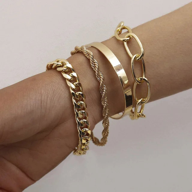 

2021 Miami Luxury Women Jewelry Gold Plated Vintage Link Chain Bracelet 4pcs Charm Gold Chunky Cuff Bangle Set Cuban Link, Accept customer