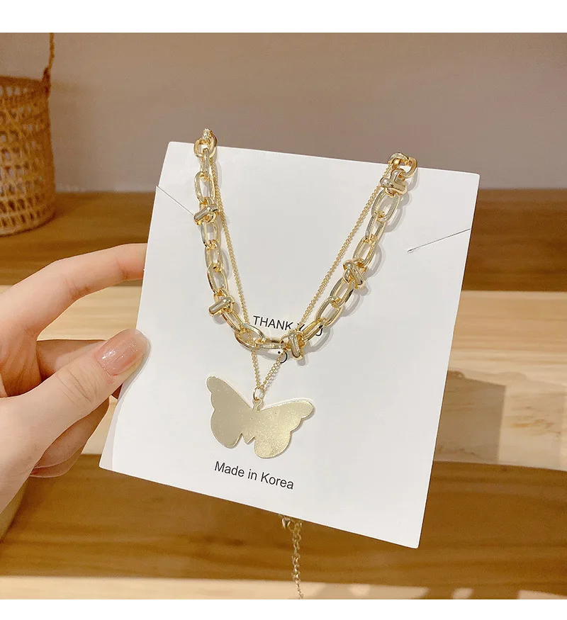 

2021 New Design INS Fashion 14K Gold Plated Butterfly Double Chain Necklace
