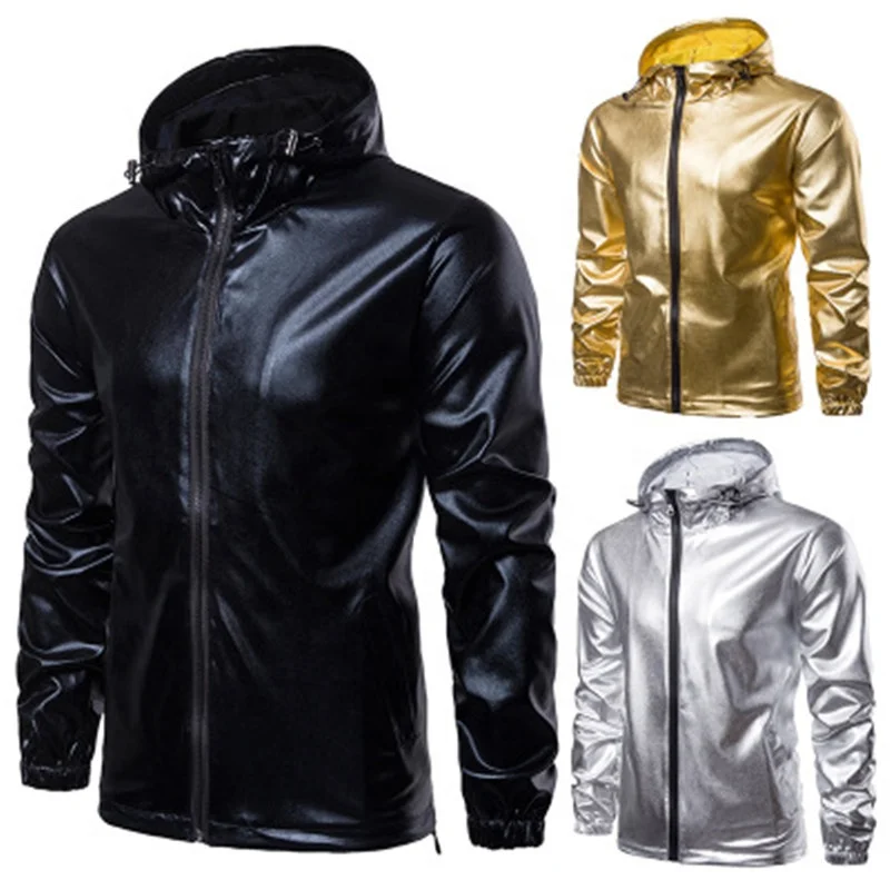 

Solid Color Gilding Sports Hooded Men's Jackets, Black/silver/gold