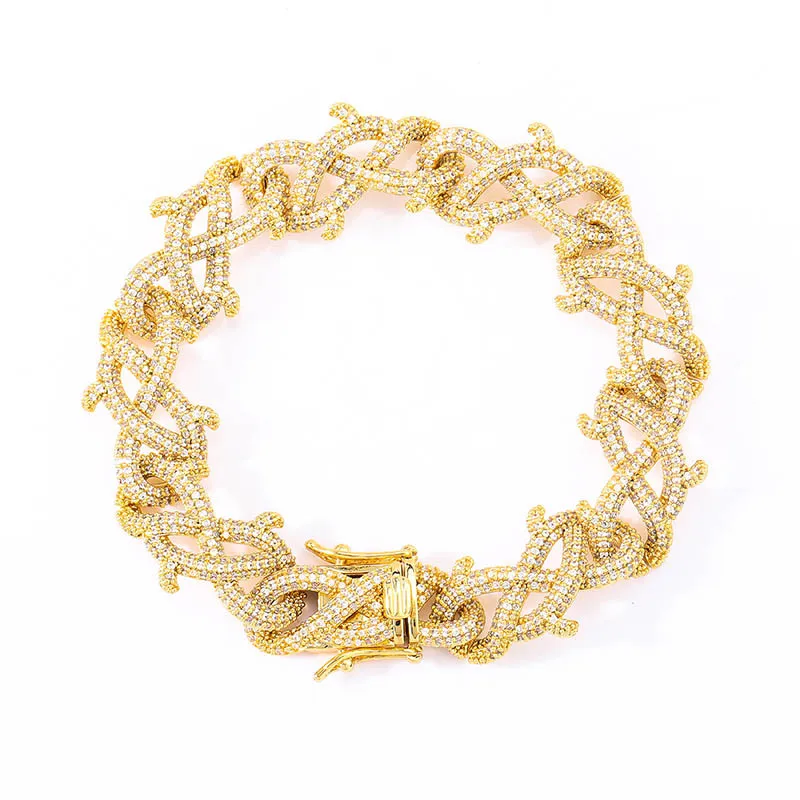 

Hip Hop Jewelry 15mm Gold Plated Full Zircon Thorns Iced Out Cuban Chain Bracelet, Gold, silver