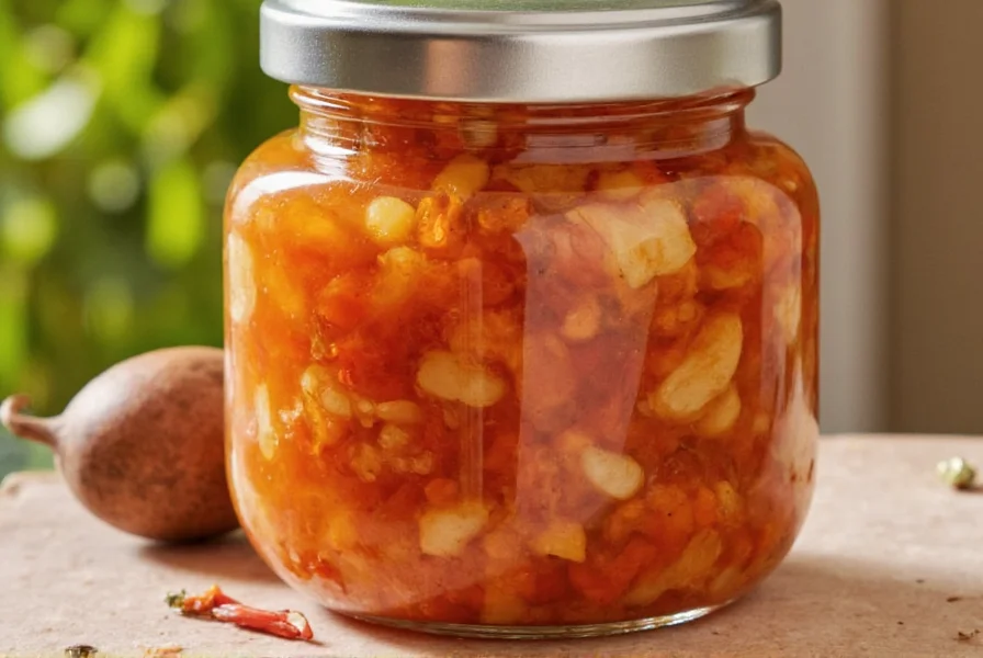 Close-up photograph of Harry and David pepper and onion relish in glass jar showing texture and color