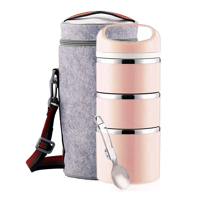 

Home Stackable Stainless Steel Thermal Compartment Food Container 3-tier insulated bento box with insulated bag, Customized color