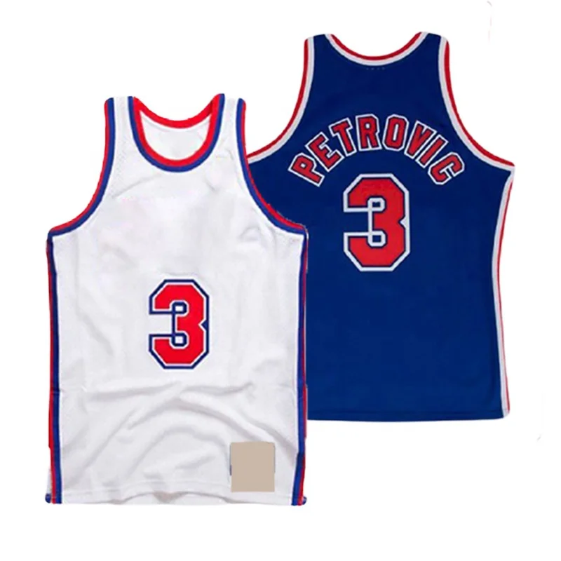 

1992 93 Net s Drazen Petrovic 3 White/Blue Classics Throwback Vintage 3D Embroidered Mens Basketball Wear Shirts Sports Jersey