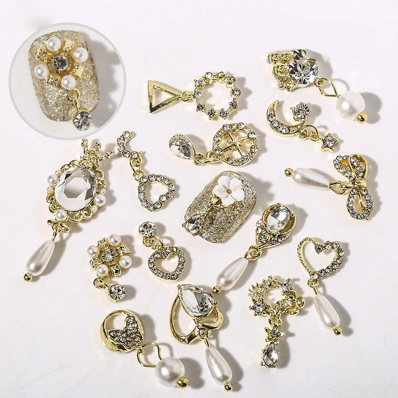 

Paso Sico New Items Nail Pendant Charms Alloy Flower Pearls Moon Heart Shiny 3D Nail Art Decoration 20pcs/bag