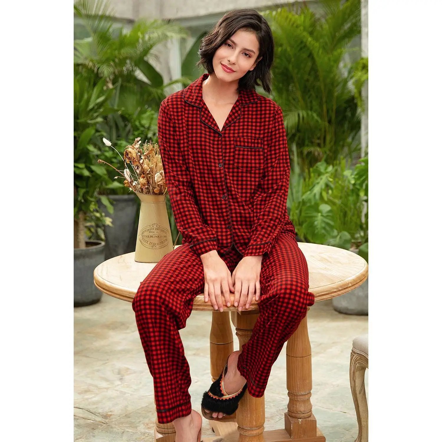 

100% rayon warm winter long sleeve premium collar night suit nightwear sleepwear christmas red plaid pyjama pj set for women