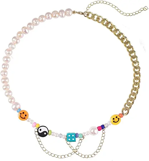 

Handmade Summer Boho Jewlery Smiley Face Necklace for Women Gifts Natural Pearl Beaded Choker Necklace