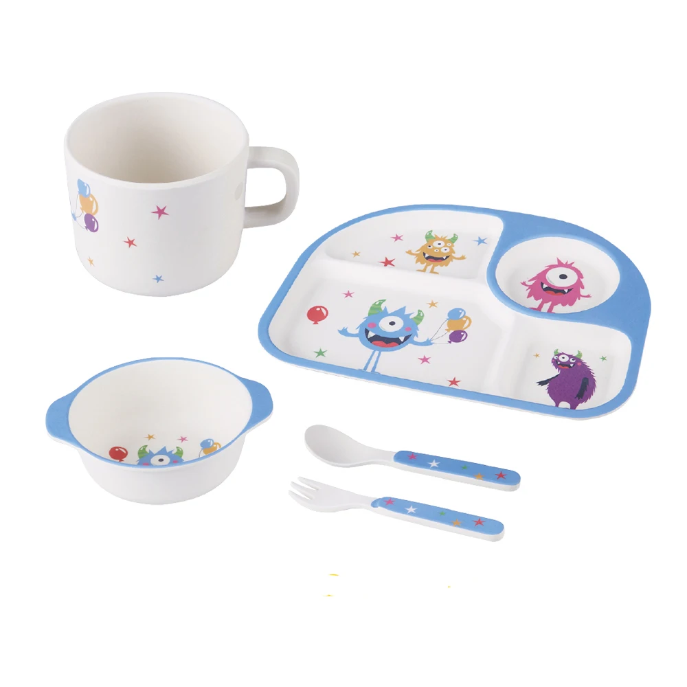 

Biodegradable bamboo fiber 5 pieces baby dinner feeding set, Customized color