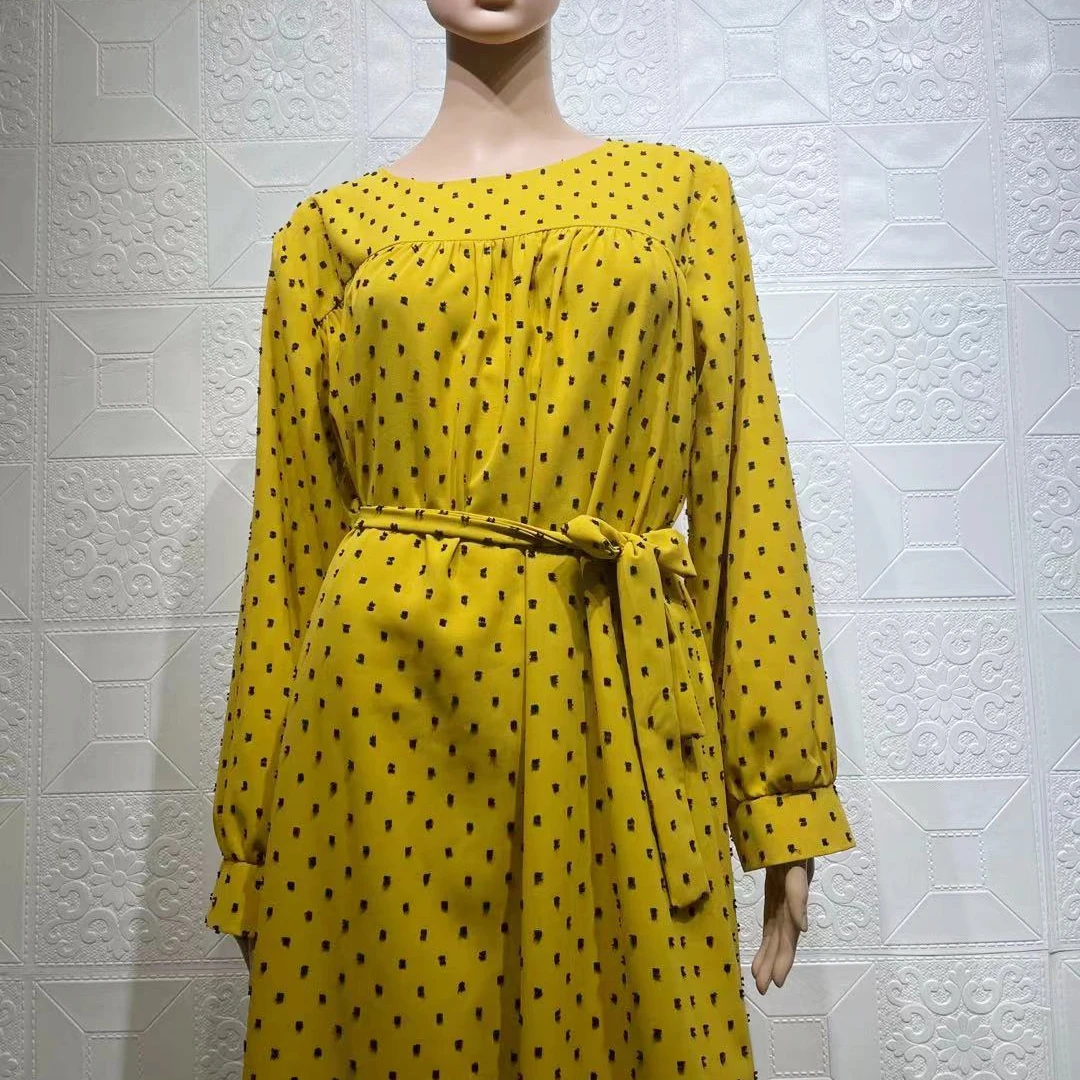 

2021 new fashion autumn ladies Female Women dot print blouse Long Sleeved tie belt causal maxi dresses