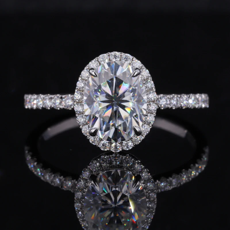 

Starsgem love ring 18K White gold jewelry Half Band Halo Oval moissanite ring