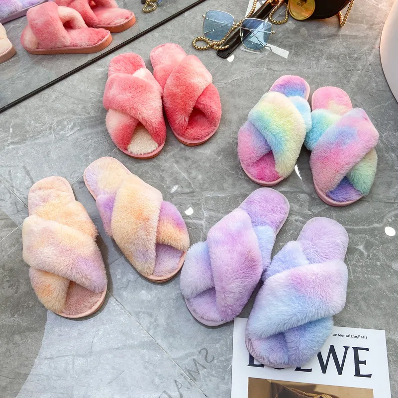 

Fashion Ladies Vegan Faux Fur Slider Slippers Open Toe Mule Fluffy House Slide Women Winter Slippers, All color available