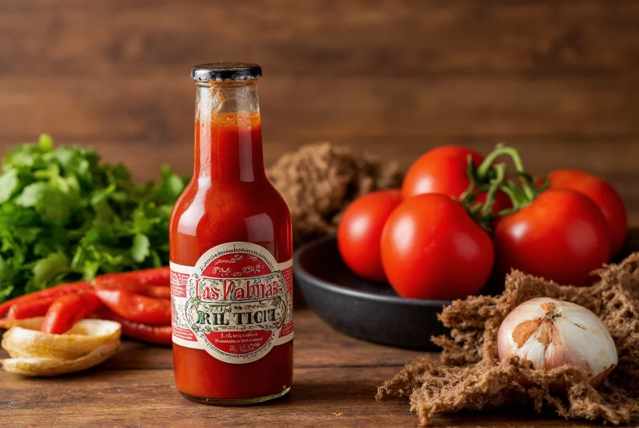 Las Palmas red chili sauce bottle next to traditional Mexican ingredients including tomatoes, onions, and cilantro for authentic cooking applications