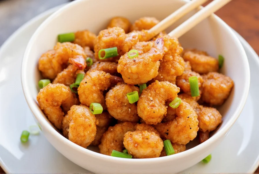 Crispy salt pepper shrimp served in white bowl with chopsticks, fresh green onions sprinkled on top, golden brown shrimp with visible pepper grains