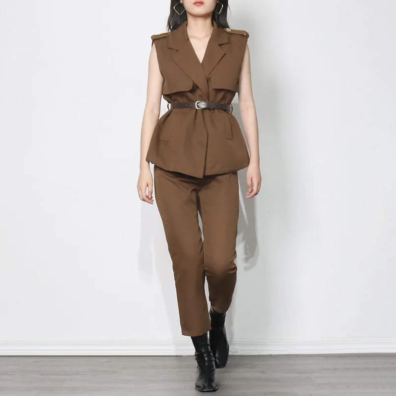 

plus size women's spring 2021 new fat fashion suit vest casual pants waist sleeveless brown lady two-piece set