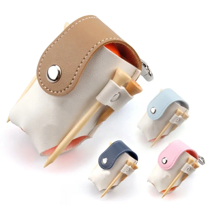

Wholesale Custom Portable PU Leather Golf Ball Tees Holder Waist Pouch Storage Bag Container Two golf ball storage bags, Blue, brown , pink