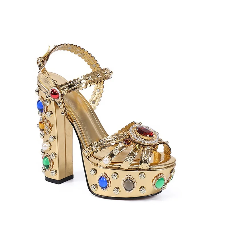 

Women's Platforms Sandals Golden Color Strap Sandals Pearl and Rhinestones Block Heel Sandals