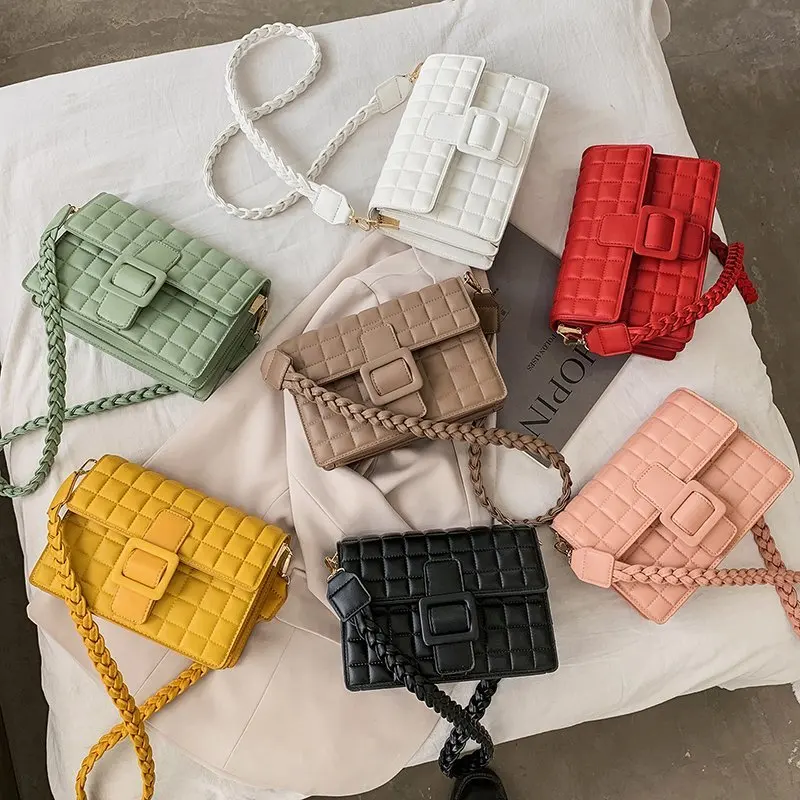 

2021 summer new solid color soft pu leather square handbags woven chain Vintage designer travel cross-body lady handbags