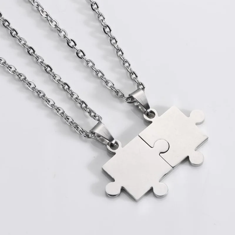 

Wholesale Fashion Couple Jewelry Stainless Steel Jewelry 2PCS Lovers Puzzle Stainless Steel Pendant Chain Necklace, Silver,