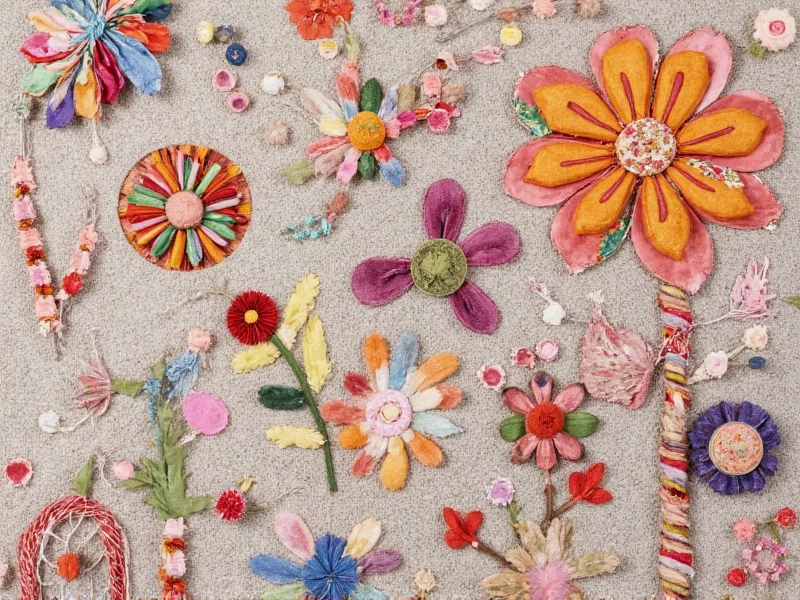 Textile wall art with fabric scraps and flowers