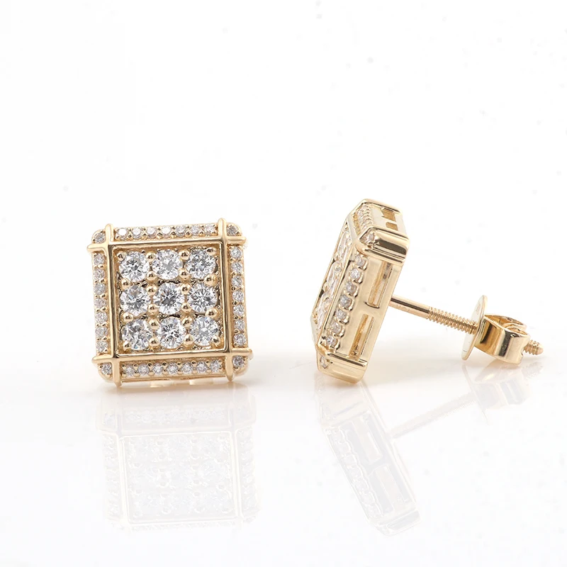 

christmas gift real yellow gold square shape small moissanite diamond earring studs for women, White gold,rose gold,yellow