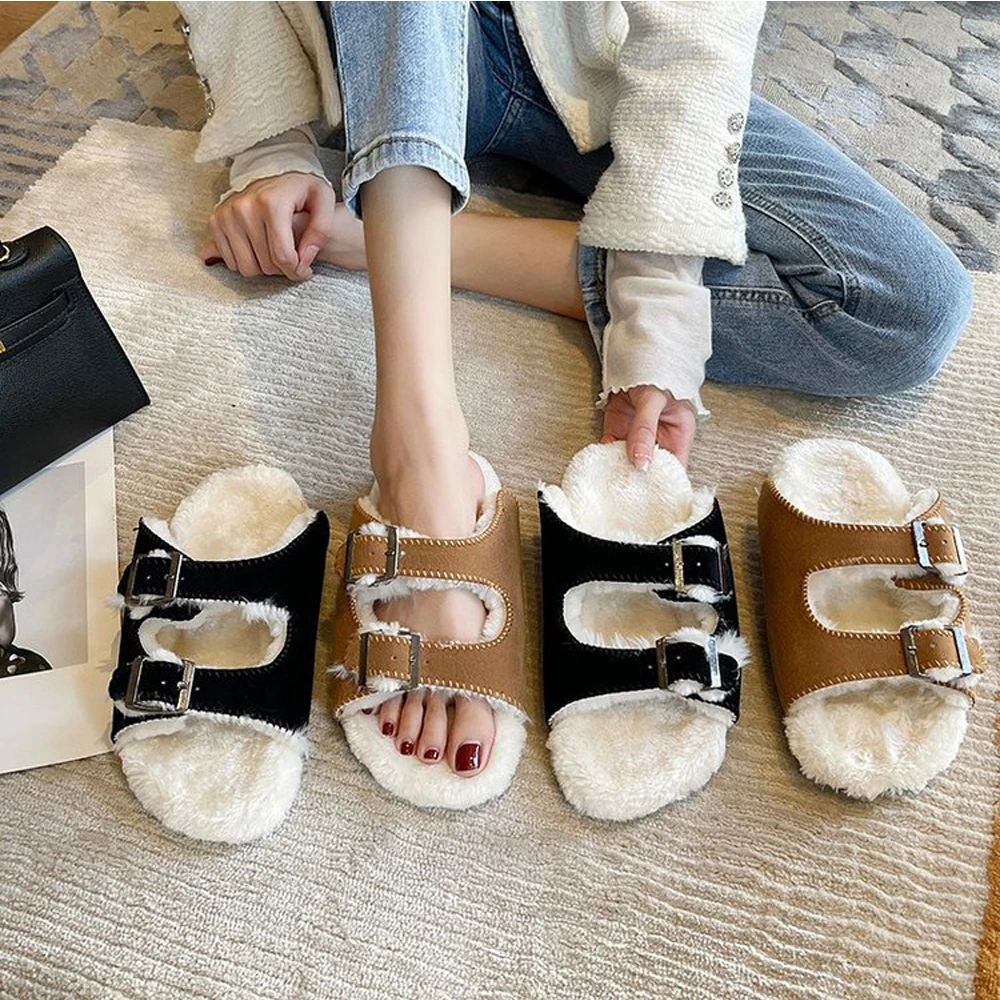 

Superstarer fashion ladies winter fur home slippers Plush lamb wool slipper sandal with strap