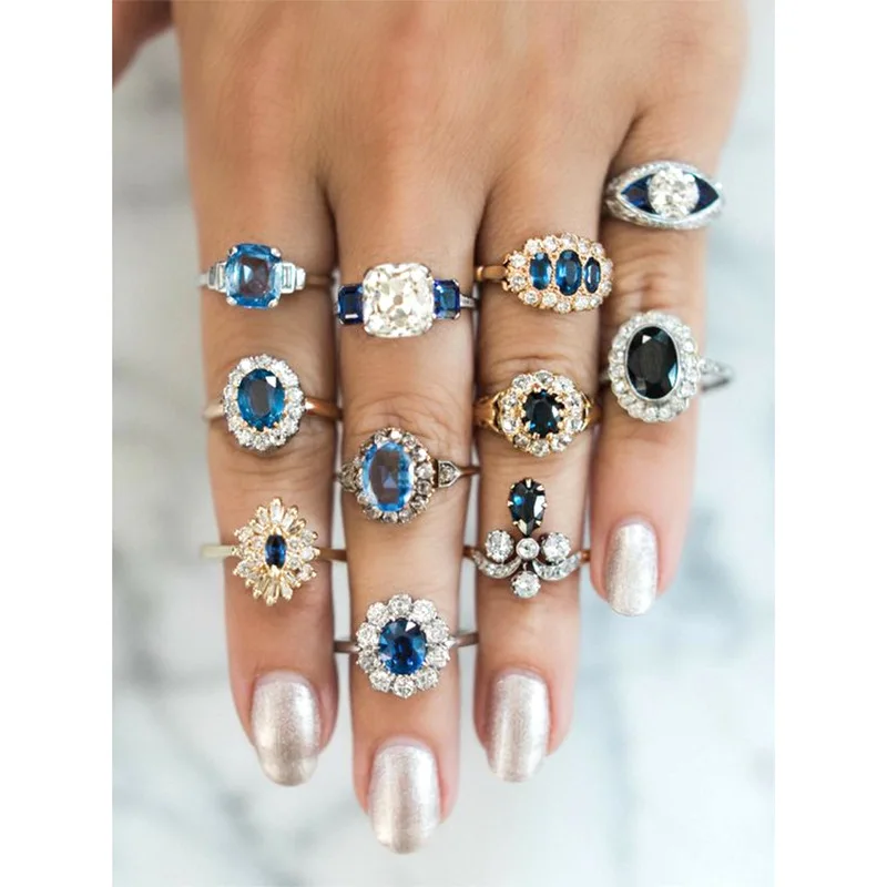 

11 Pcs/Set Cross Border Hot Style European American Jewelry Set Blue Crystal Geometric Irregular Two Color Joint Ring Set, Gold,silver
