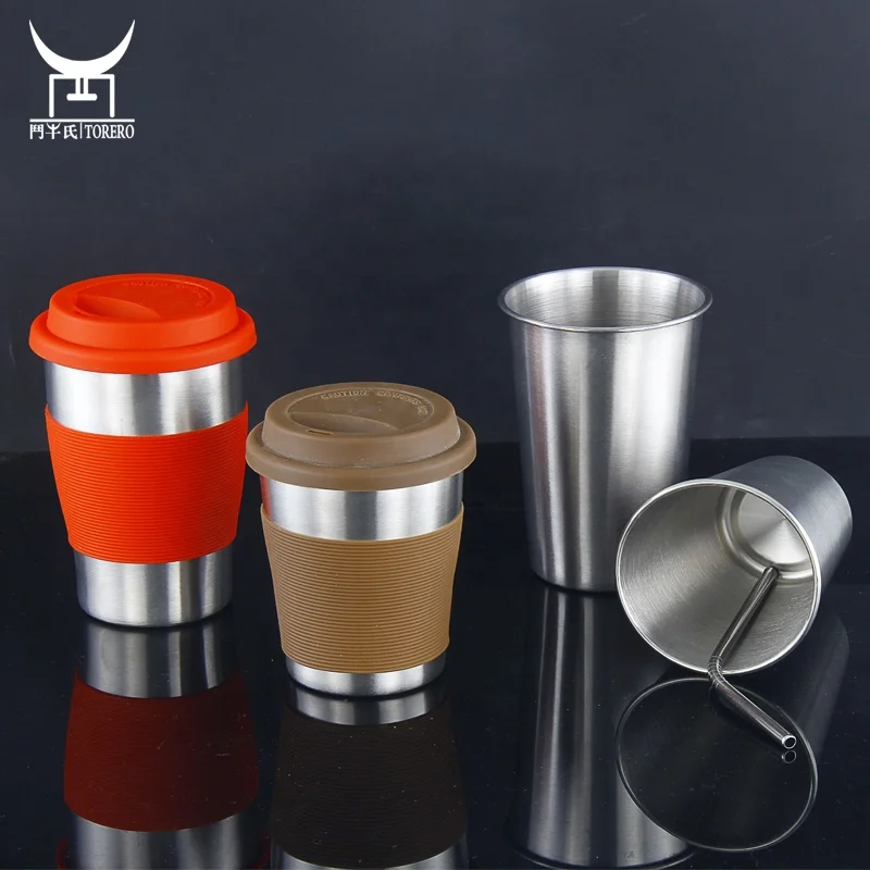 

Stainless steel coffee milk mug with silicone lids sleeves and straws,travel camping cup