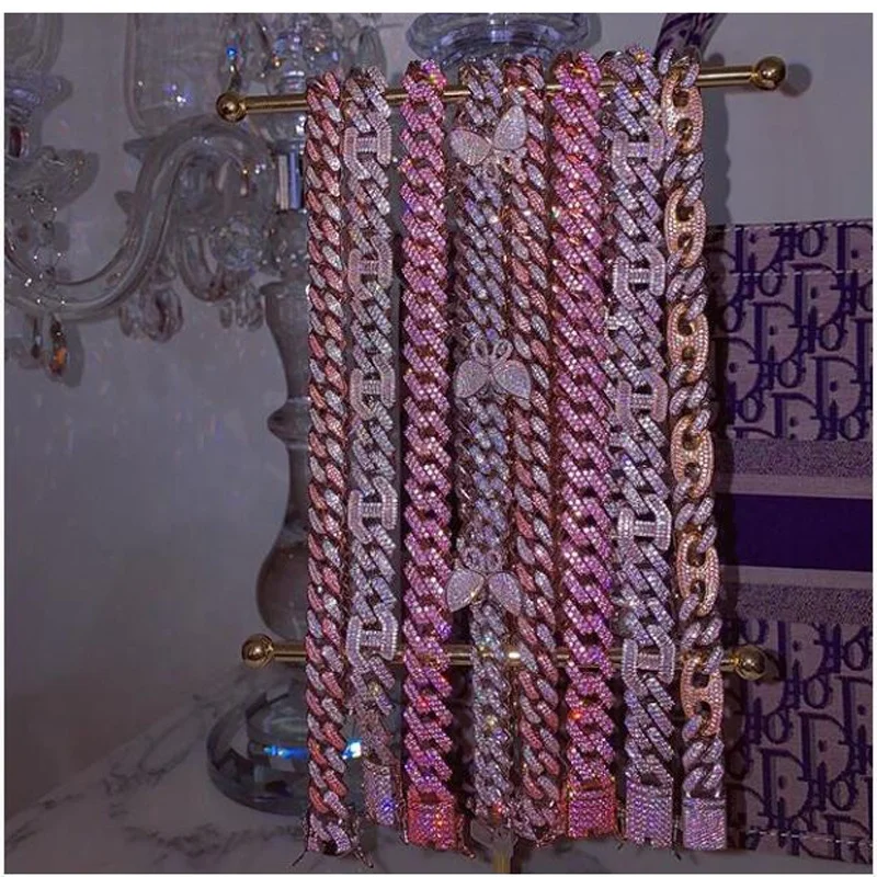 Factory Customize USA Miami Cuban link chain Rose silver micro pave pink cz hip hop necklace