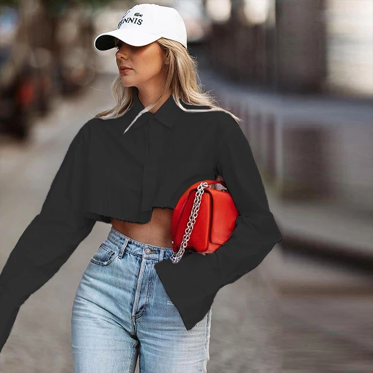 

Fast shipping in stock  Women's Shirt Black White Irregular Design Top Lapel Shirt Women's Shirt