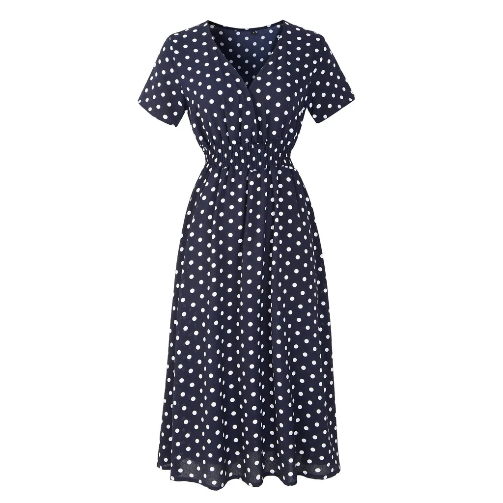 

Wholesale Women Spring Casual Dot Print Chiffon V-Neck A-Line Short Sleeve Collect Waist Ladies Elegant Dress, 8 colors