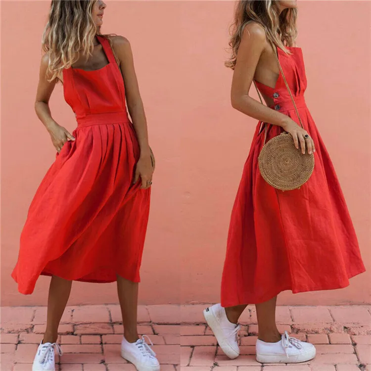 

Women's Summer Boho Lace-up Long Dress Sexy Halter Party Dress Beach Vest Dress