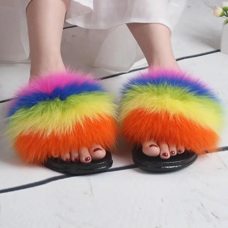 

Lady Slides Shoes Fluffy Sandals Wholesale Women Winter Fox Fur Slippers, Picture