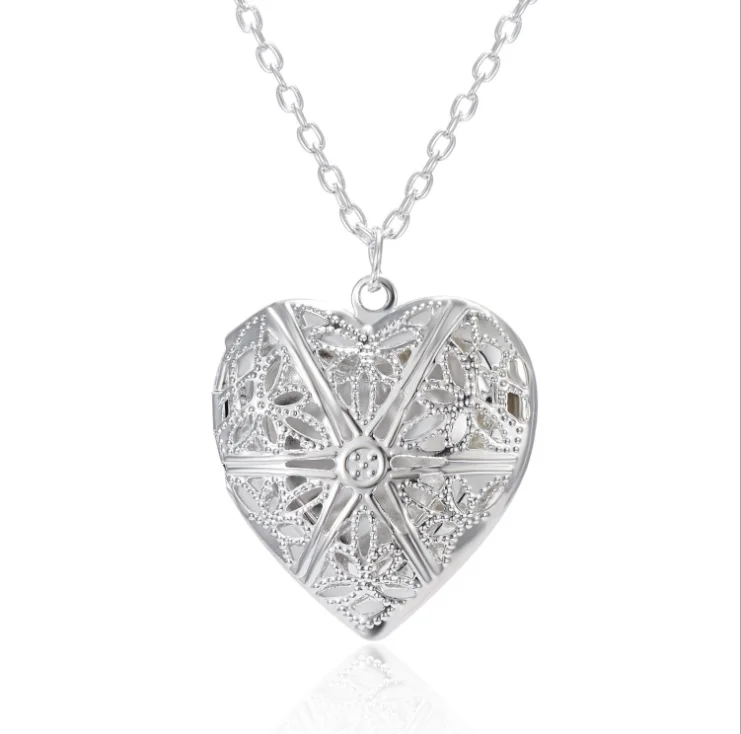 

Wholesale silver heart necklace exquisitely carved peach heart can open a picture frame pendant necklace jewelry, Silver color