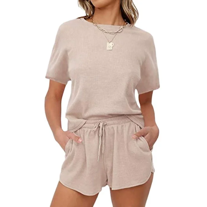 

Women's Rib Short Sleeve lounger wear Solid Color Casual Two Pajamas Set