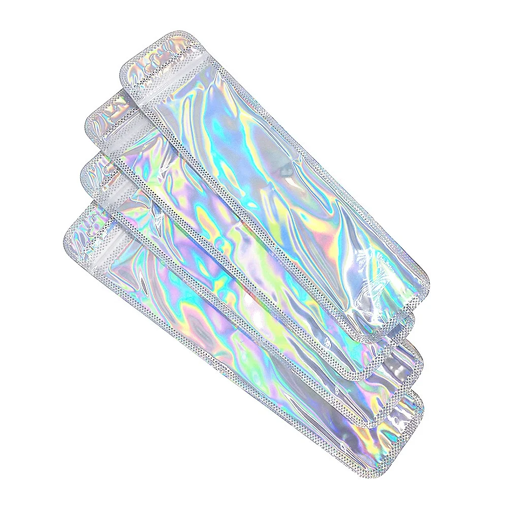 

Custom Design Rainbow Color Clear Translucent Tableware Resealable Packaging Long Holographic Bag For Beadable Pen