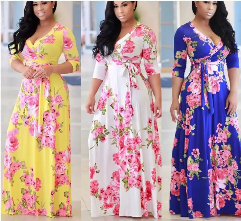 

Plus Size Women Clothing Floral Print Long Sleeve Maxi African Split Dress For Women, As shown
