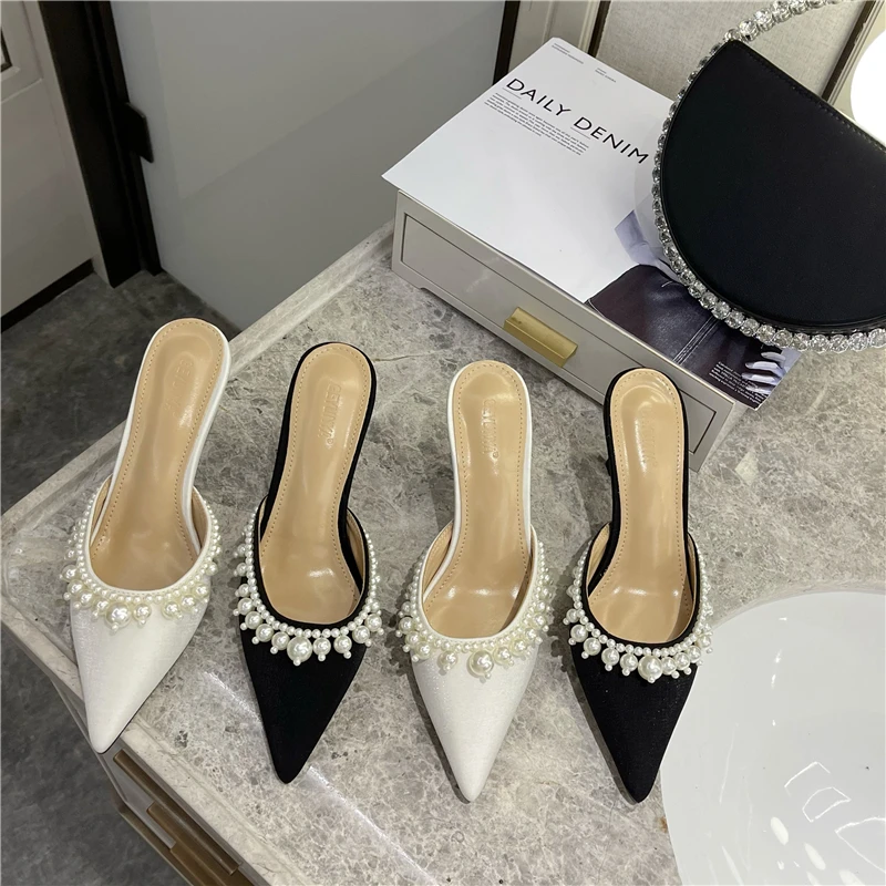 

101953 DEleventh woman shoesSpring and summer new style design simple French style style slim heel fashionable beaded slippers