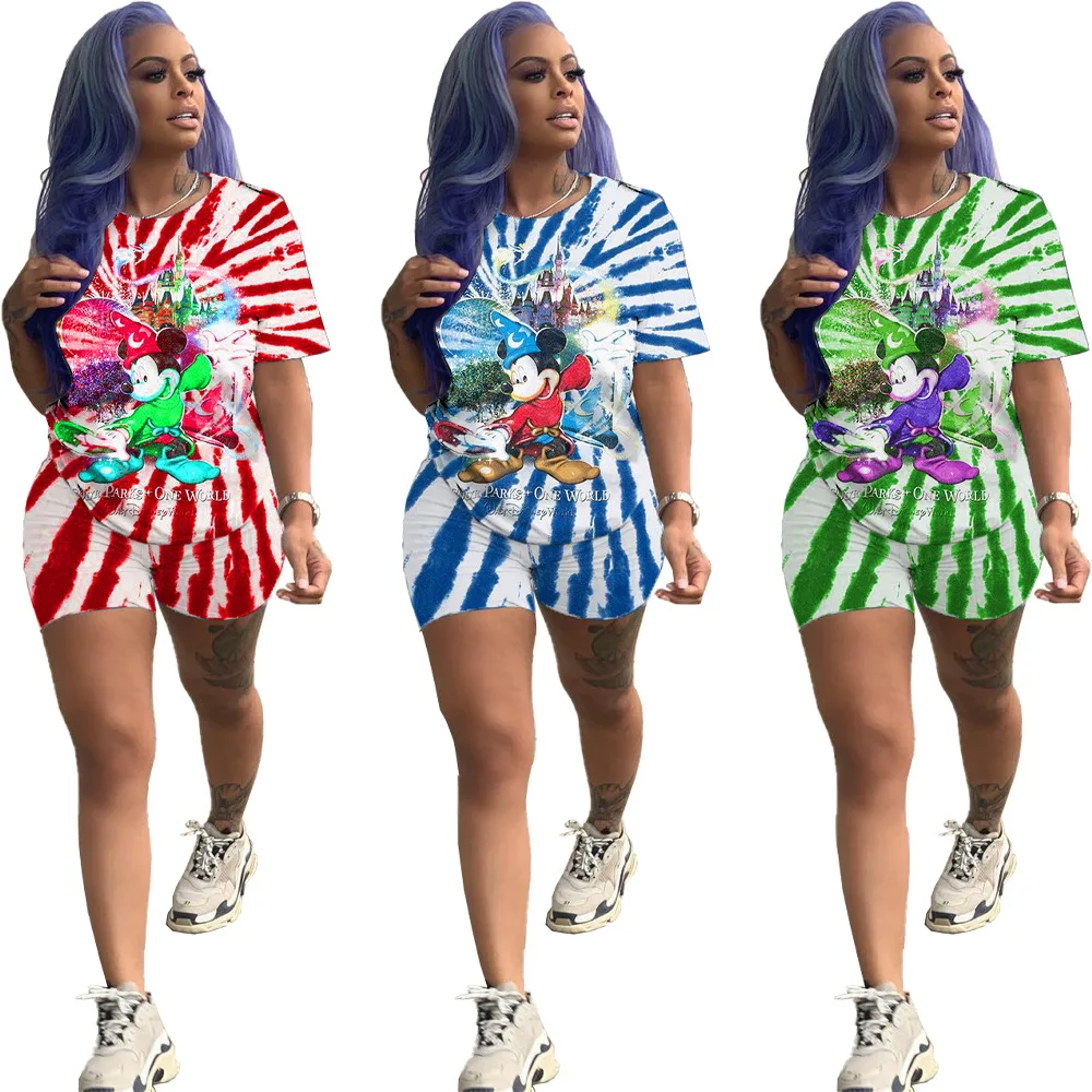 

2021 New Arrivals set tie dye plus size women clothes summer shorts set high quality sports wear, As picture