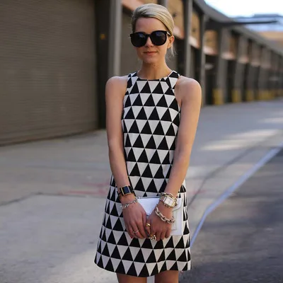 

F41225A European and American fashion sexy sleeveless triangle black and white print women casual dresses elegant casual dresses, As picture