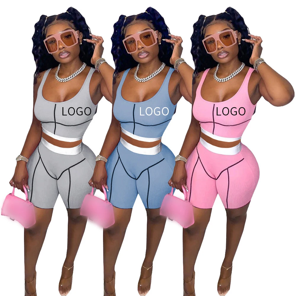 

2021 Women Ribbed 2 Piece Pant Set Clothing Biker Shorts Outfits Wholesale Custom Sweat Suit Jogging 2 Piece Pant Set Outfits