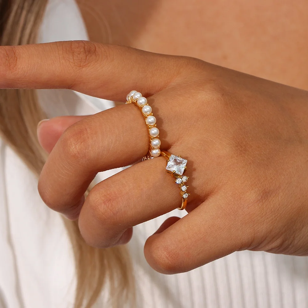 Elegant 18k Gold Plated Fresh Water Pearl Rings Jewelry Women Tarnish Free Stainless Steel Ring